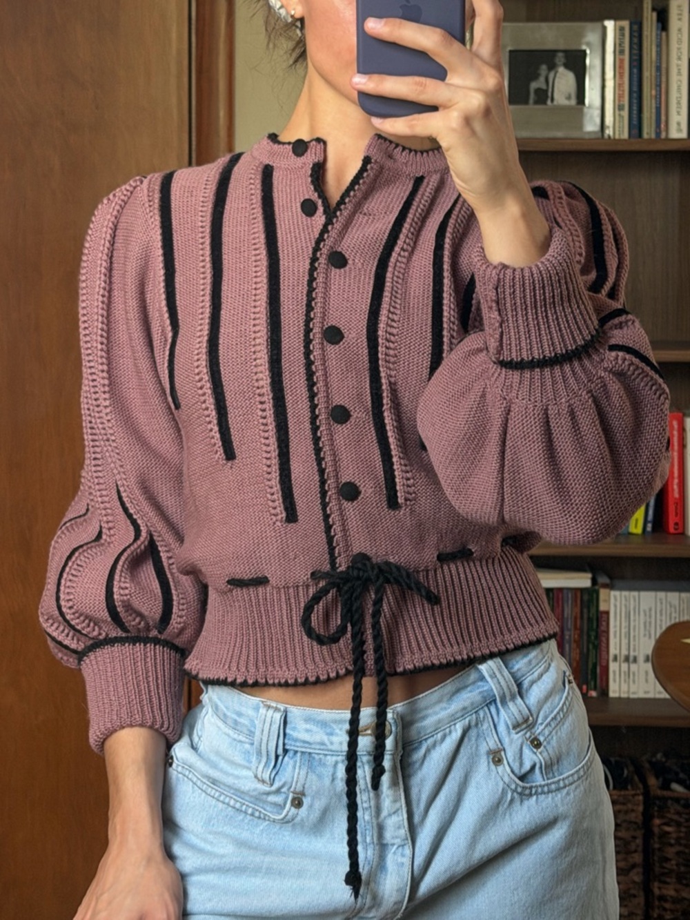 Vintage Wool Dusty Rose Knit Button-Up Sweater with Black Trim